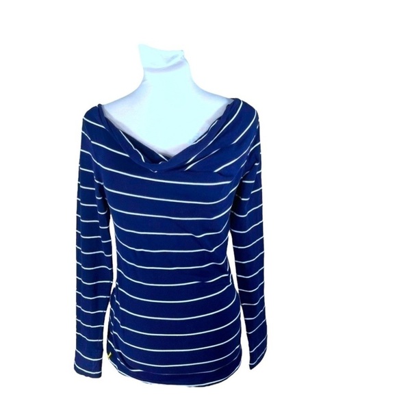 Lole Megan cowl neck top navy blue and white chalk striped organic cotton Size S - Picture 6 of 17